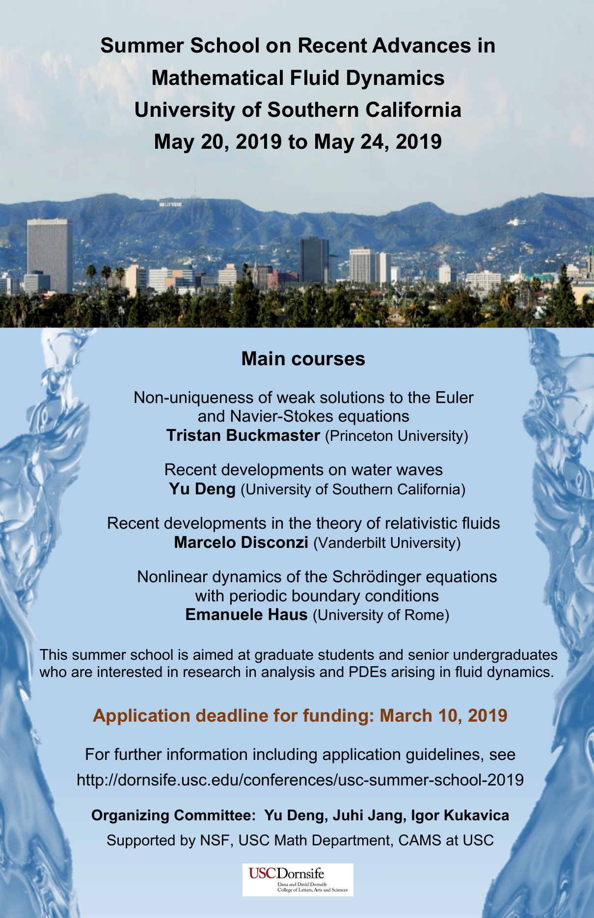 Poster for the 2019 USC Summer School on Recent Advances in Mathematical Fluid Dynamics